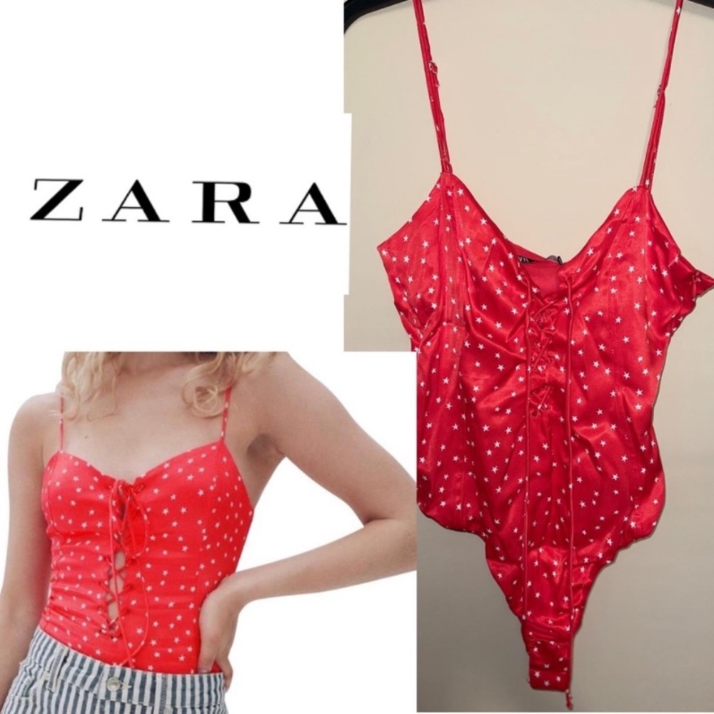 Zara Women's Bodysuit Small Red Satin Effect Star Bodysuit